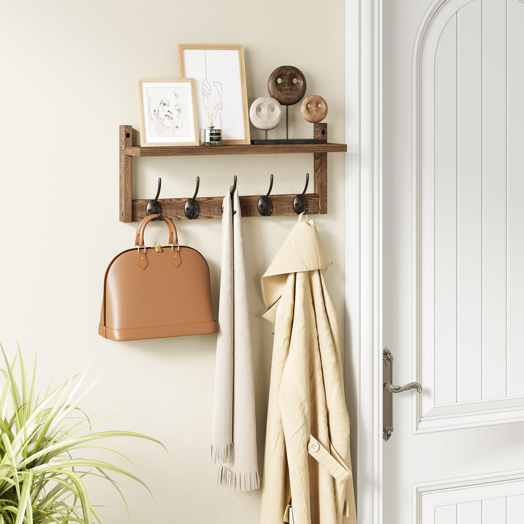 AMBIRD Retro Brown Wood Wall Mount Coat Hook Rack with 5 Dual Hooks and Shelf for Bathroom, Bedroom, Kitchen, Entrance
