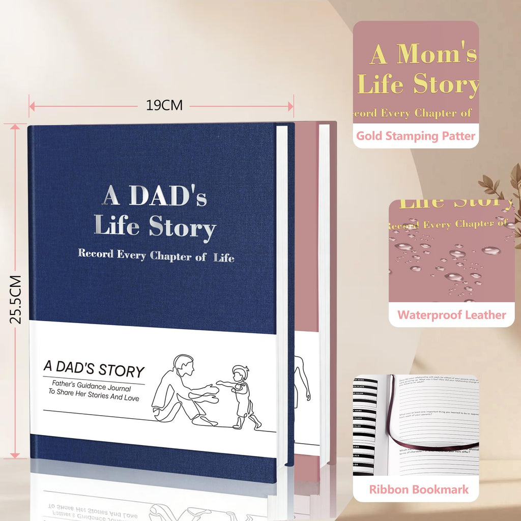 Mom's & Dad's Life Story Journals,Leather Hardcover Journals,300+ Guided Questions,Family Keepsake Book,Share Memories,Gift for Parents on Mother’s Day, Father’s Day, Christmas & Birthdays(Pink+Blue)
