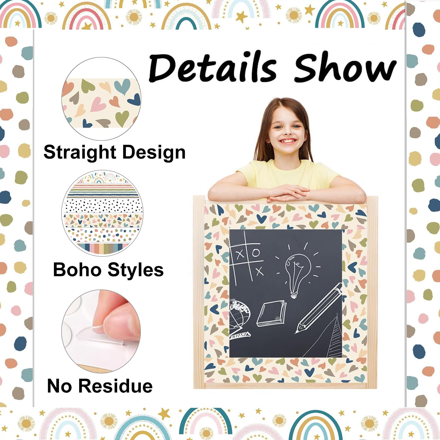 Acidea 196.8 ft Boho Classroom Borders for Bulletin Board, 6 Rolls Display Borders for Classrooms, Boho Colorful Straight Heart Rainbow Polka Dot Bulletin Border for Classroom Bulletin Board Decor