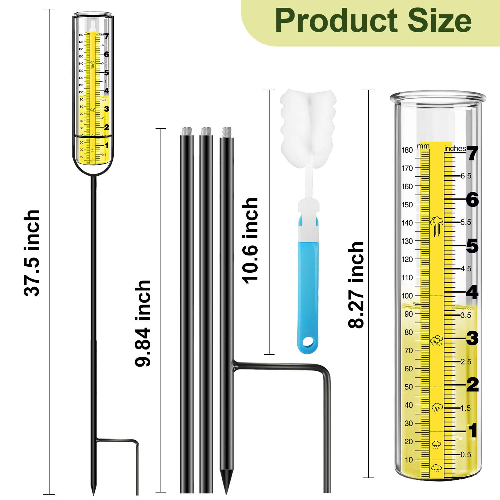 Rain Gauge Outdoor, Rain Gauges with Metal Stake for Yard, Upgraded Large Clear Numbers 7'' Freeze Proof Thickened Transparent Plastic Measure Tool Garden Lawn Adjustable Height 37'' Tall
