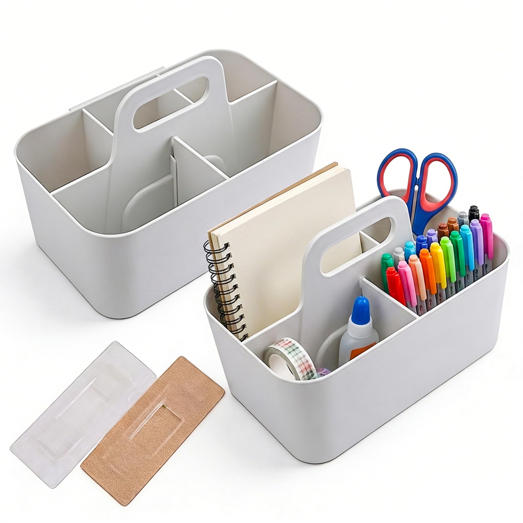 Jucoan 2 Pack Desk Organizer Caddy, Stackable Plastic Makeup Storage Baskets with Adjustable Dividers, 5 Compartments Portable Tote Bin for Bathroom Counter, Desk, Office Supplies Organization (Beige)