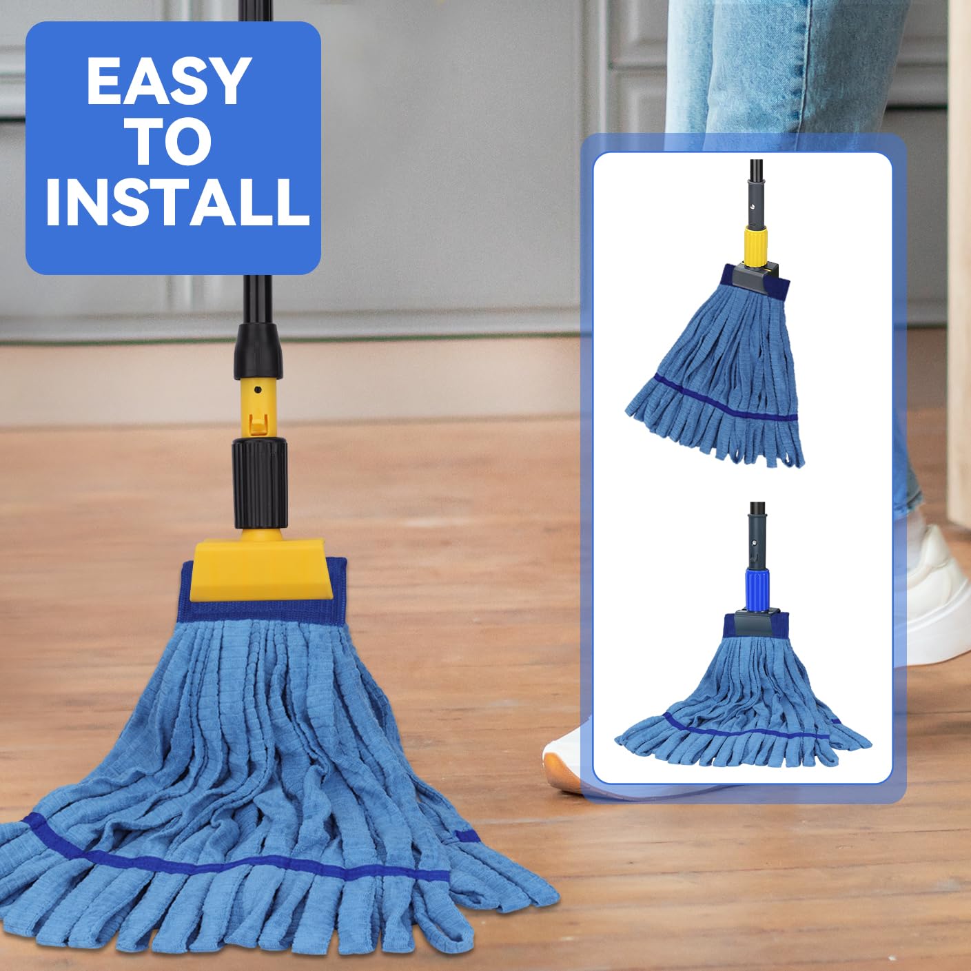 Heavy Duty Commercial Mop Head Replacement Microfiber Tube Mop Heads for Floor Cleaning: 3 Packs Looped End Wet Mop Head Refill for Home Commercial Industrial Use (Blue)