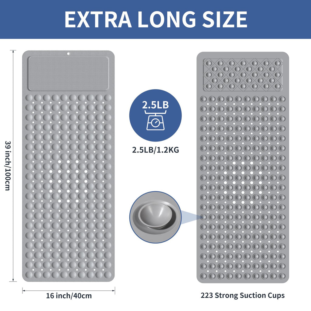 OTHWAY Extra Long Bathtub Mat, 39x 16In Shower Foot Scrubber Mat, Soft TPE Anti Slip Bath Mat for Tub, Machine Washable Shower Mat Non Slip with Big Suction Cups Drain Holes for Bathroom(L-Grey)