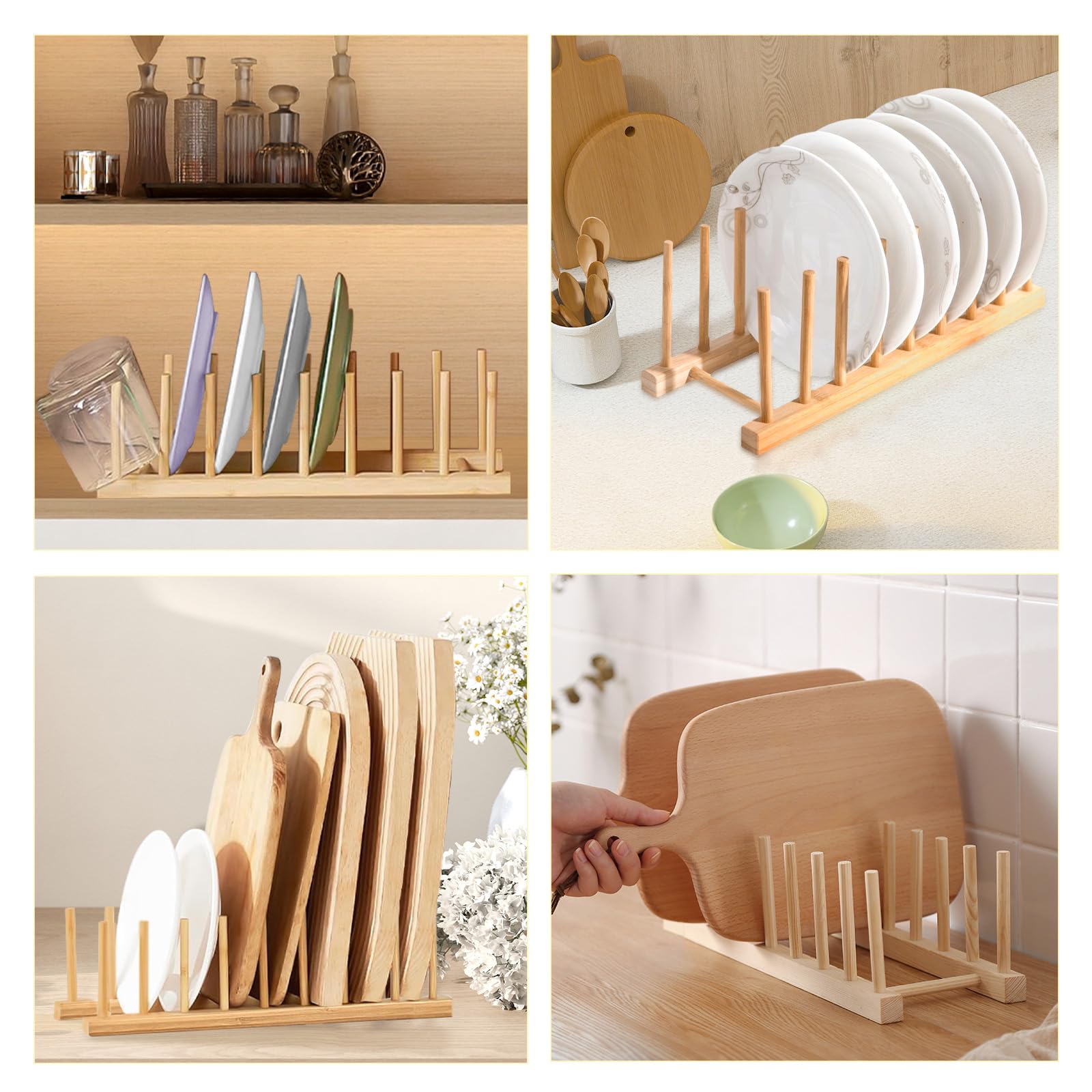 2PCS Bamboo Dish Rack, 8 Slots Wooden Plate Rack, Dish Stand Holder Vertical Drainer Kitchen Cabinet Organizer for Dish, Pots, Lids, Bowls, Cups,Cutting Board and More