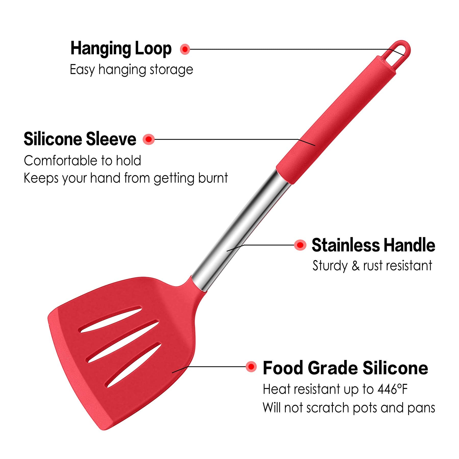LIANYU 15-Piece Cooking Kitchen Utensils Set with Holder, Silicone Kitchen Tools Stainless Steel Handle, Slotted Spatula Spoon Turner Tong Whisk Brush for Cooking, Red
