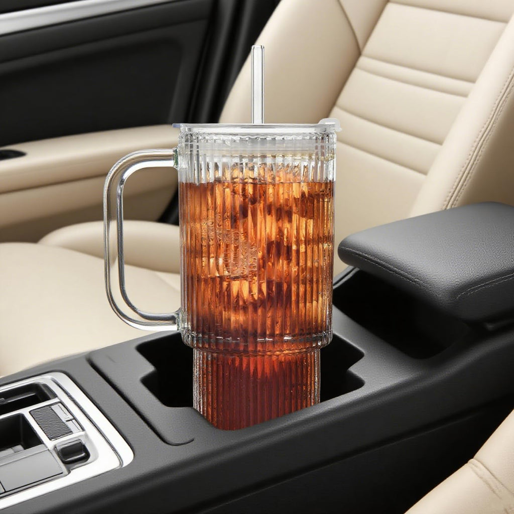 26oz Ribbed Glass Tumbler with Handle & Lid – 2-Pack Large Iced Coffee Cups with Straws, Modern Glass Mug for Cold & Hot Beverages, Aesthetic Travel Cup for Smoothies, Tea, and Juice
