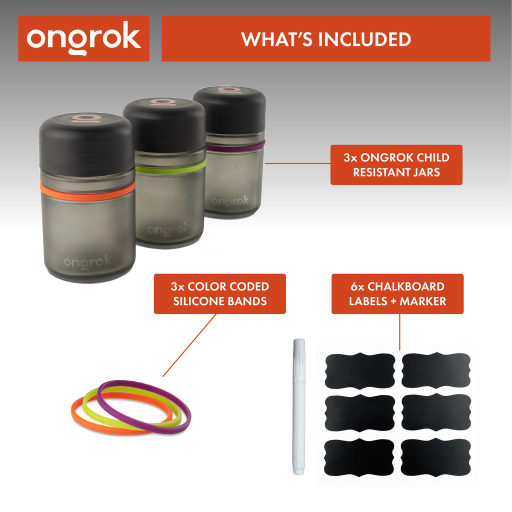 ONGROK Glass Storage Jar, 180ml (3 Pack) | Color-Coded Airtight Glass Containers, Jar to Store Goods with Care, Airtight and Child Resistant Lid