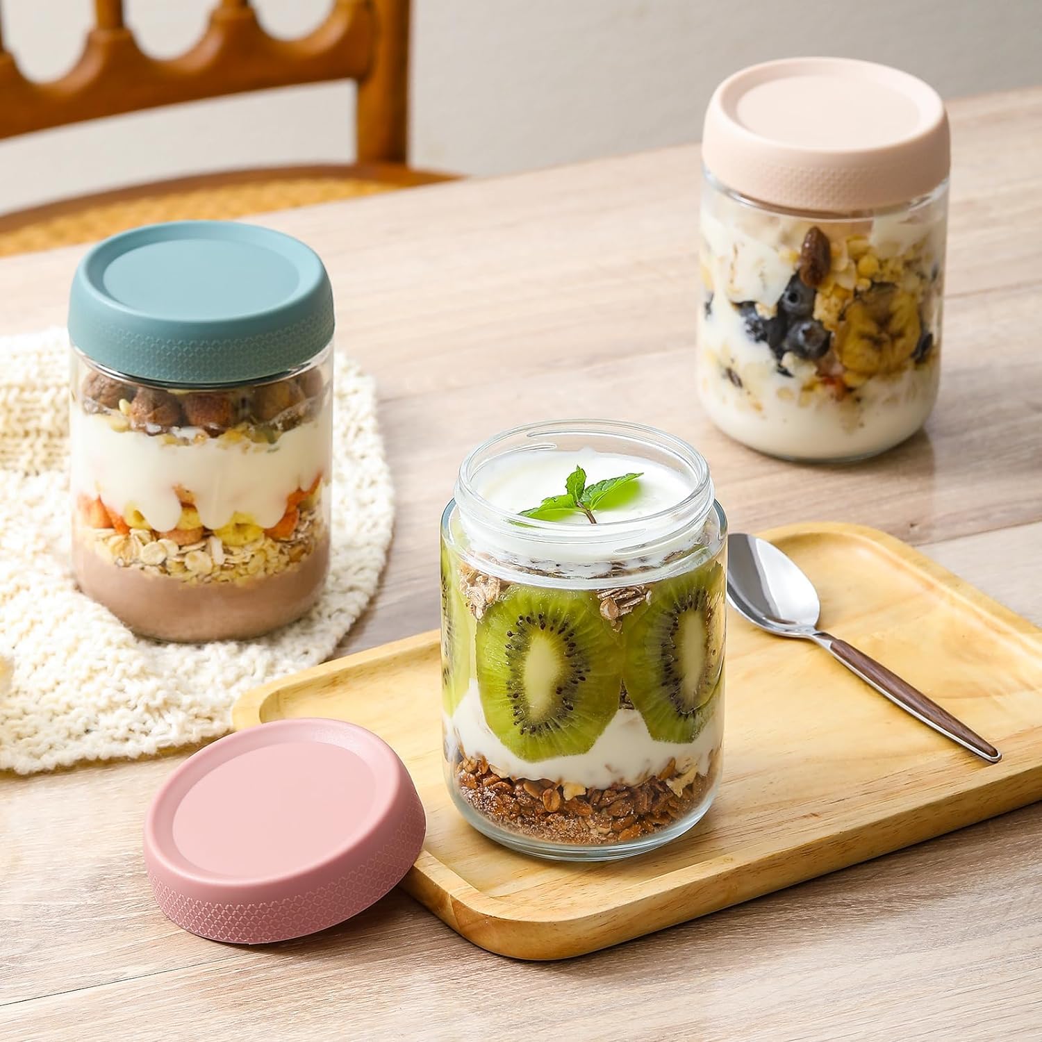 ALINK 4-pack 16 oz Overnight Oats Containers with Lids, Glass jars with Airtight Lids, Wide mouth Mason Salad jars, Glass Food Storage Containers for Snacks Yogurt Spice Sugar