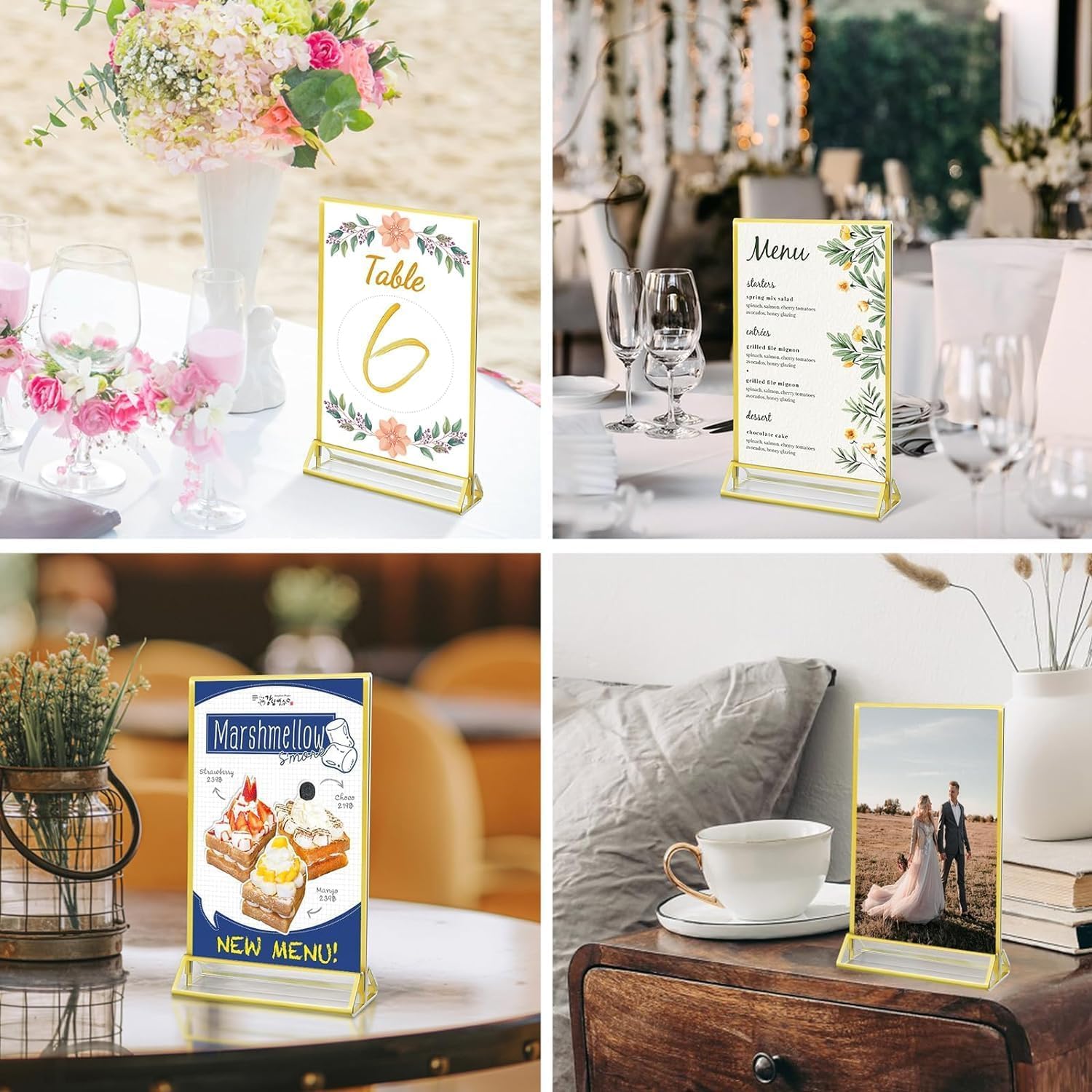 Sign Holders, 6 Pack 5"*7" Acrylic Display Stand for Christmas Party Wedding Table Number, Golden Double Sided Menu Holder, Photo Holder, Clear Picture Frame Flyer Holder For Office Business Store
