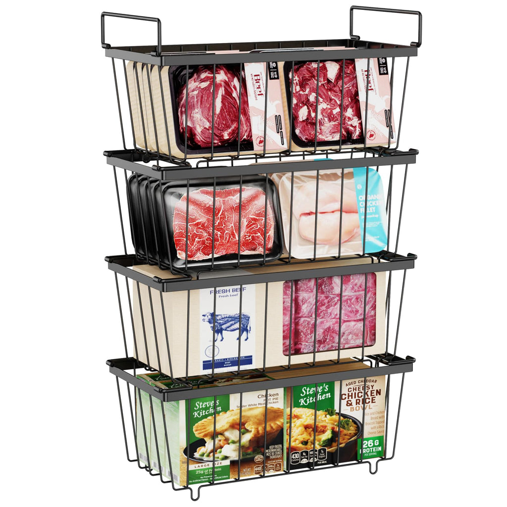 iSPECLE Chest Freezer Organizer for 5 to 7 Cu.Ft Deep Freezer, 4 Pack Stackable Wire Baskets to Sort Frozen Food, Storage Bins with Handles for Single Column Stacking, Black