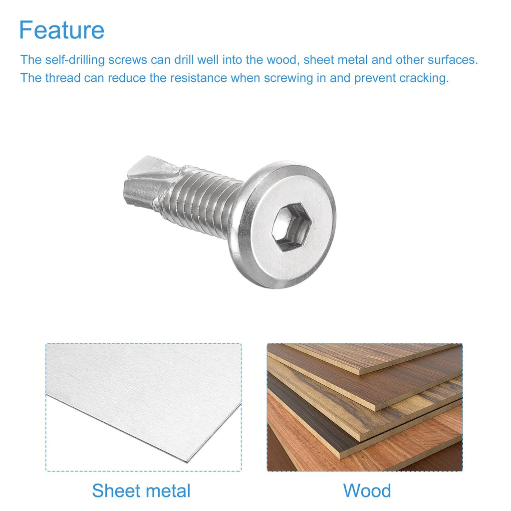 uxcell Hex Socket Self Tapping Screws, 1/4 x 1 410 Stainless Steel Sheet Metal Flat Head Drilling Screw 100pcs, Silver