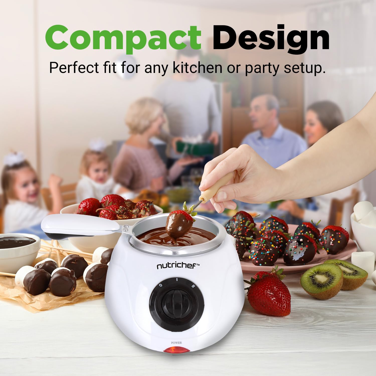 NutriChef Electric Fondue Pot | 25W Chocolate Melting Warmer | 8.8 Oz Capacity | Keep Warm Dipping Function & Removable Pot | Perfect for Melting Chocolate, Butter & Cheese | White