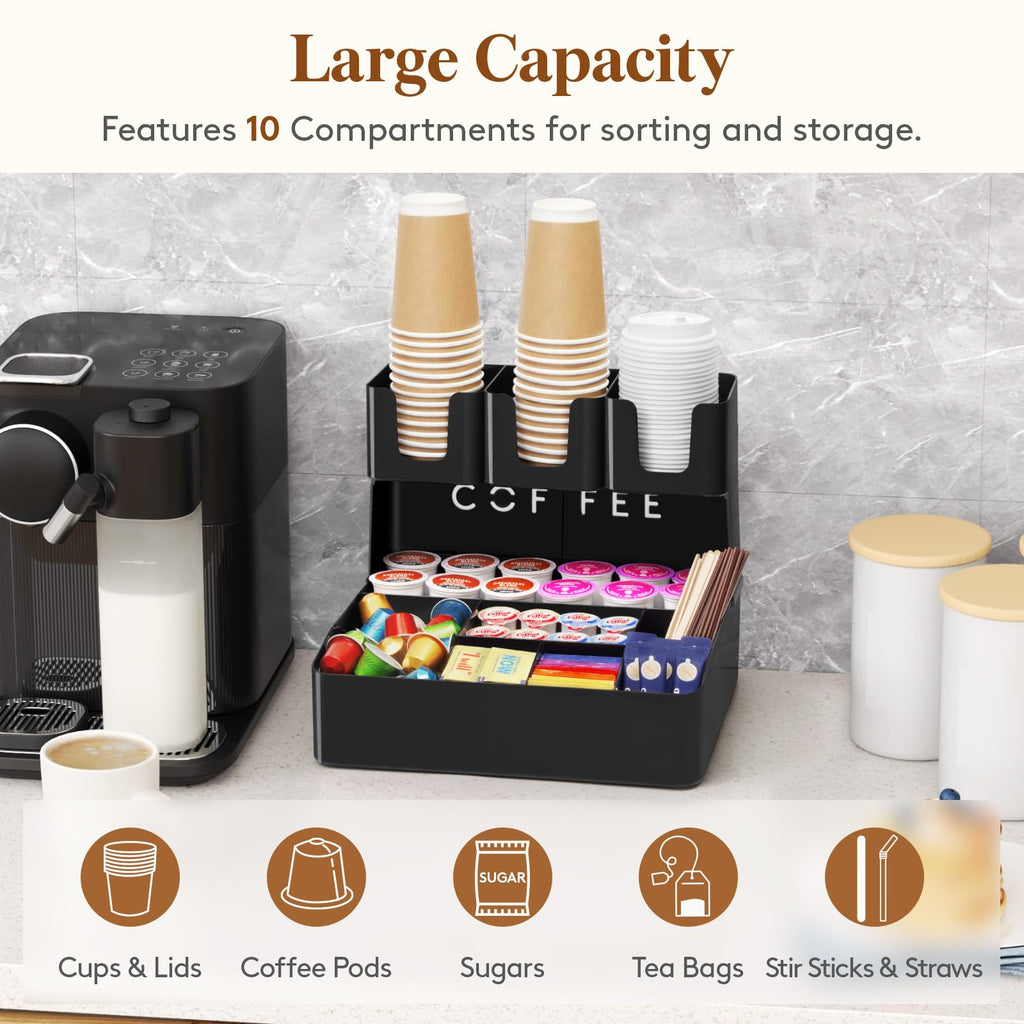 Lifewit Modern Black Coffee Bar Organizer, 10 Compartments, Countertop Coffee Station, Office Breakroom, Home Kitchen