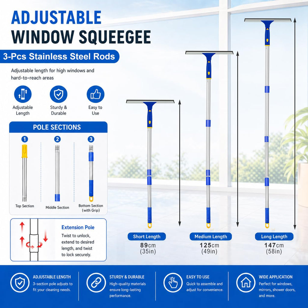 ITTAHO Squeegee for Window Cleaning,12" Squeegee and 11" Microfiber Scrubber Combi with Stainless Steel Pole,Extendable Window Cleaner for Car,Sliding Door,Shower Glass Door-Swivel Style-2 Pads