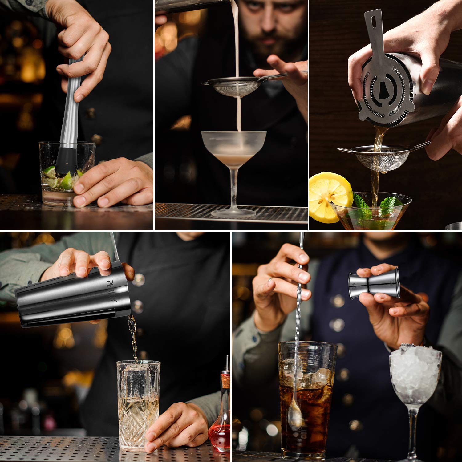 Perjoy Cocktail Shaker Set, 16 Piece Bartending kit, Cocktail Shaker, Stainless Steel Bar Set Accessories, Coktail Set, Boston Shaker, Bartending Bar Tools with Muddler Spoon Jigger