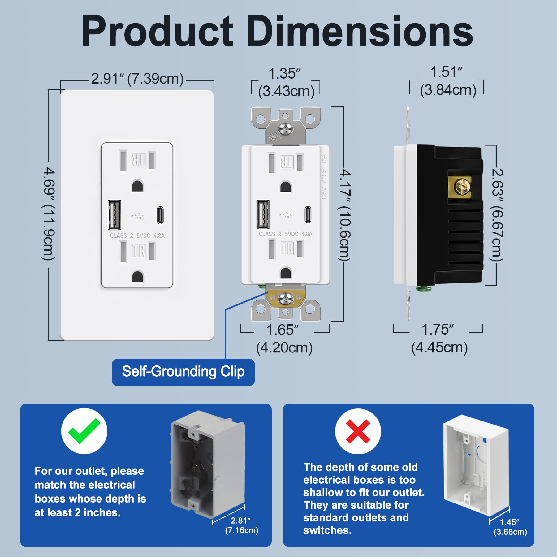 BESTTEN 2 Pack USB C Wall Outlet, 24W 4.8A Type C & Type A USB Receptacle, 15 Amp Tamper Resistant Electrical Outlet with USB Ports, Self-Grounding, Screwless Wall Plate Included, cUL Listed, White