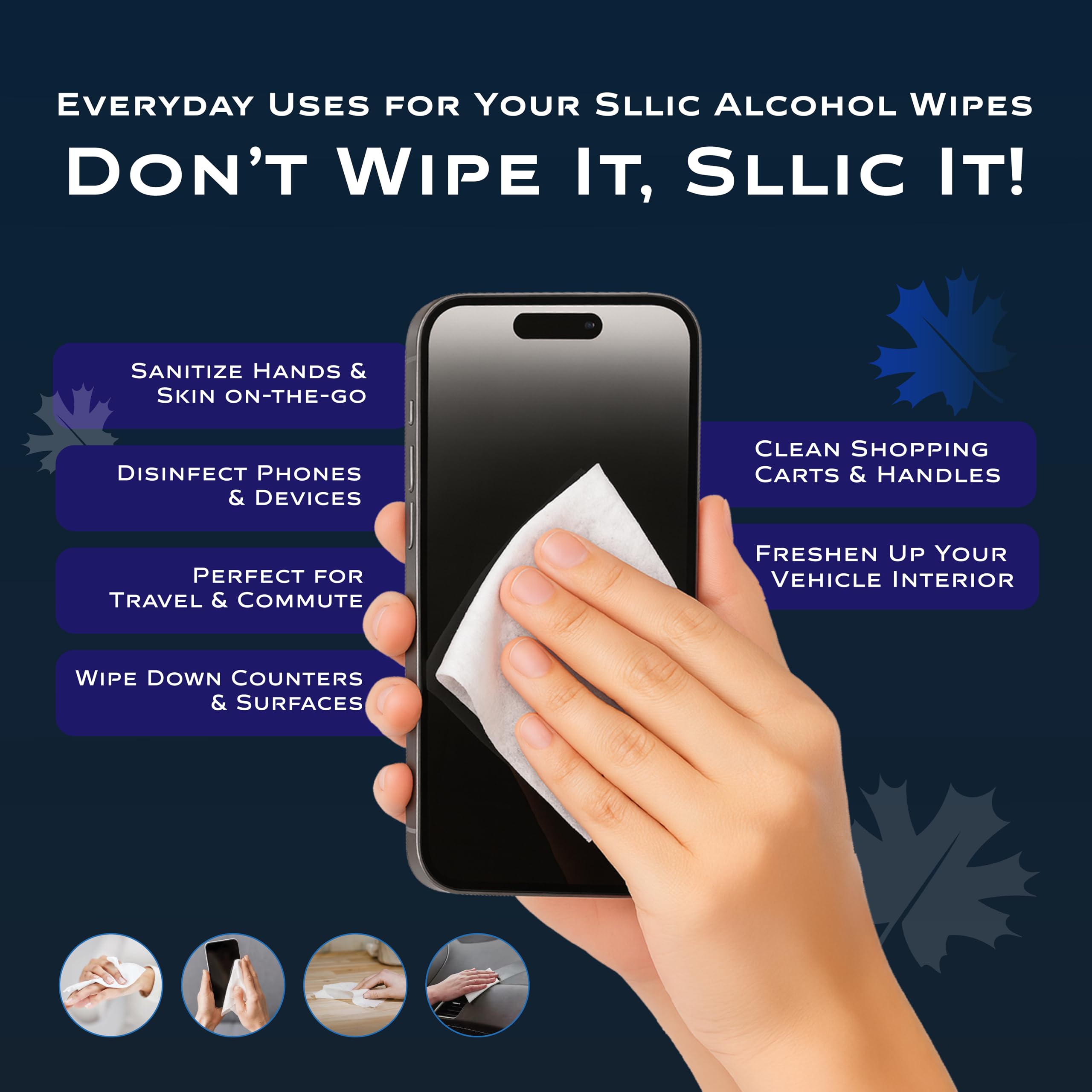 Sllic® - Disinfectant Wet Wipes - Individually Wrapped - 75% Alcohol - Clean & Sanitize Surfaces & Skin - Safe for Skin - Quick-Drying & Non-Sticky Formula - Unscented - 50 Count Individually Wrapped