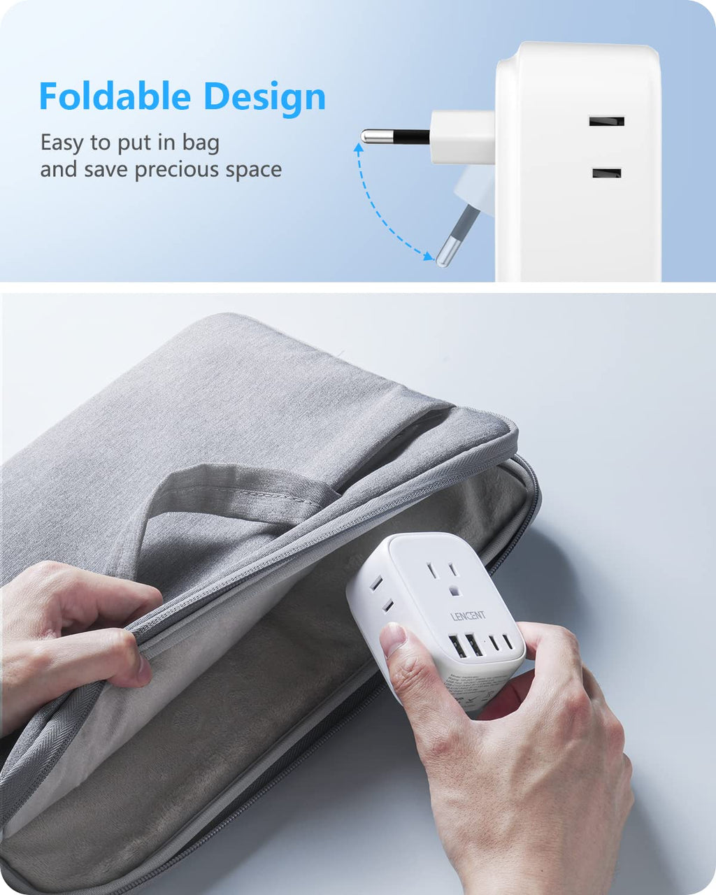 European Travel Plug Adapter, LENCENT International Type-C Foldable Power Plug with 4 Outlets, USB C Charger Adaptor, Canada/US to Most of Europe EU Iceland Spain Italy France Germany Greece