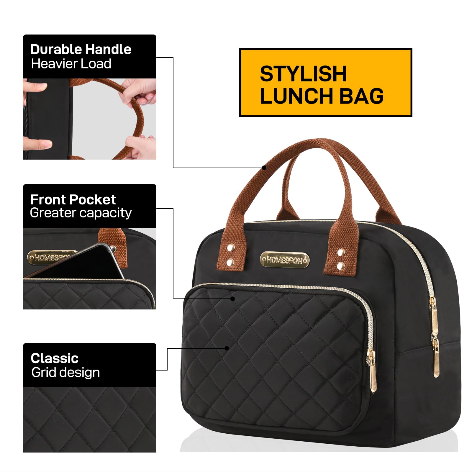 HOMESPON Lunch Bag for Woman Man Adults with Front Pocket Insulated Lunch Tote Lunch Box Container for Work Picnic or Travel(Golden Black)