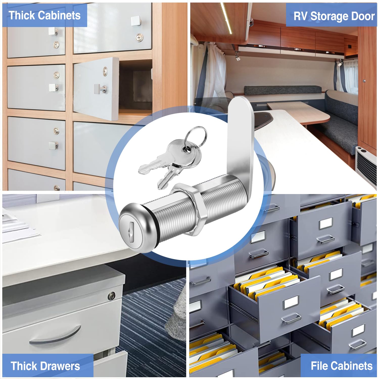 Cylinnda Cabinet Lock with Keys, 2" Extra-Long Cam Locks keyed Alike, 2 Pack Cabinet Cam Lock Set for Thick Drawers RV Storage Locks Tool Box Lock Replacement, Zinc Alloy (2 Pack, 2-1/8 Inch)