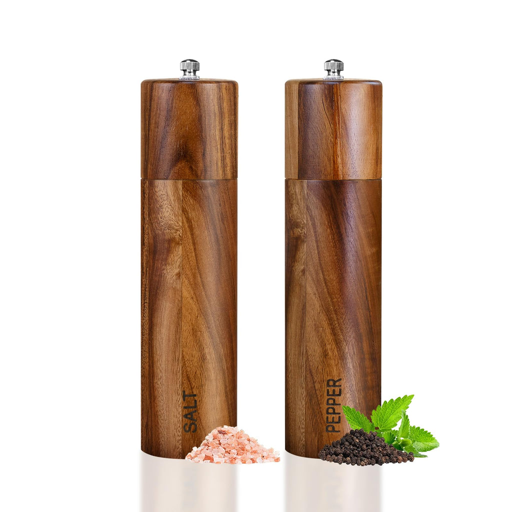 2 Pack Acacia Wooden Salt and Pepper Grinder Set, 8 Inches Refillable Salt and Pepper Mills with Adjustable Coarseness & Ceramic Core, Wood Peppercorn Shaker Salt Grinders Tableware Birthday Gifts
