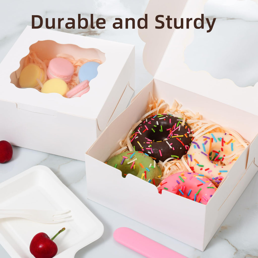 50 Pcs White Bakery Boxes with Window, 6x6x3 inches Cookie Boxes Macaroon Boxes Small Treat Boxes Mini Cake Boxes for Dessert, Pastry, Sturdy Take Out Container for Party Wedding Favor