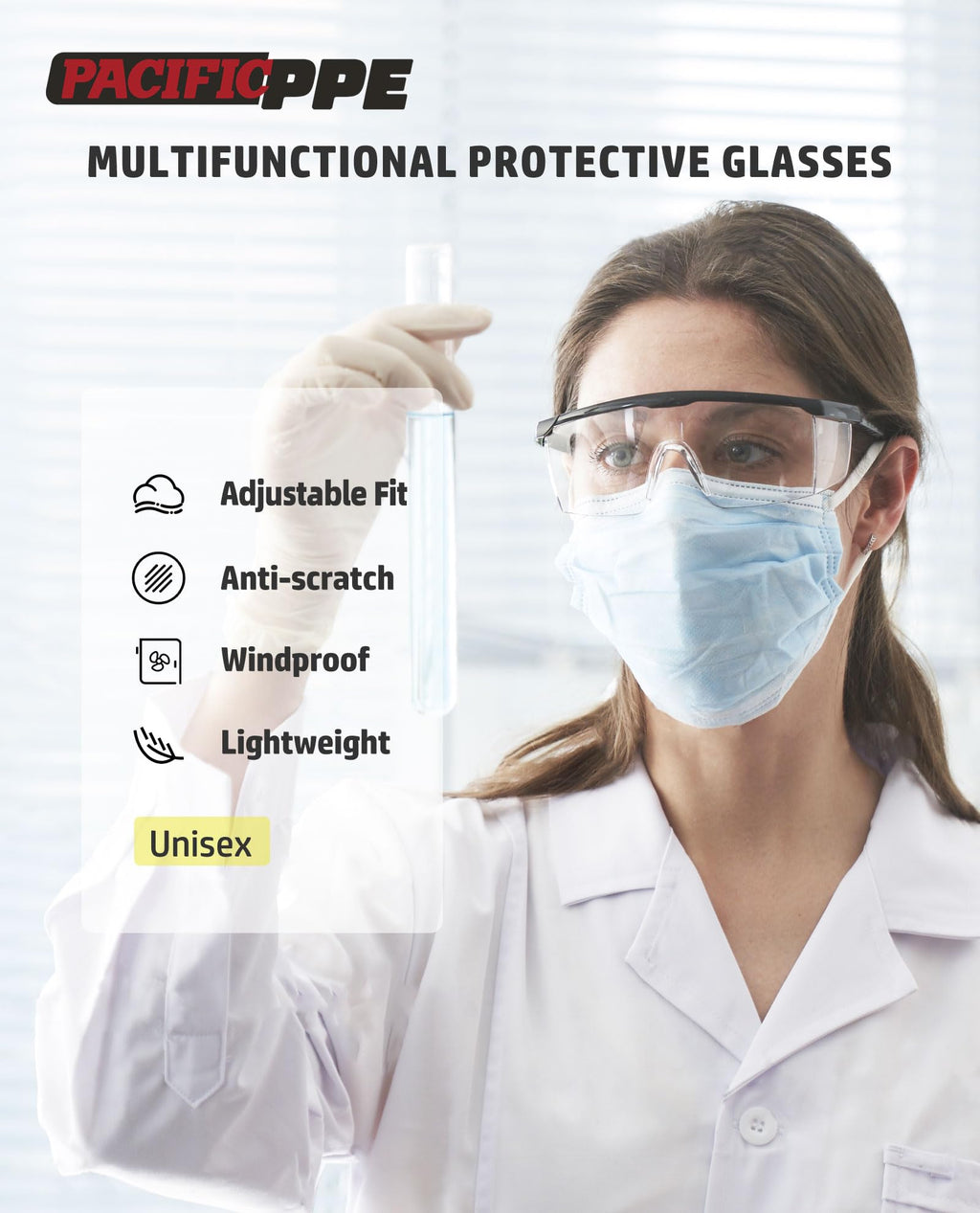 PACIFIC PPE 2 Pack Safety Glasses, Anti-fog, Scratch Resistant Clear Wraparound Lenses and No-Slip Grips, Clear Lab Safety Glasses, Adjustable, Lab Goggles