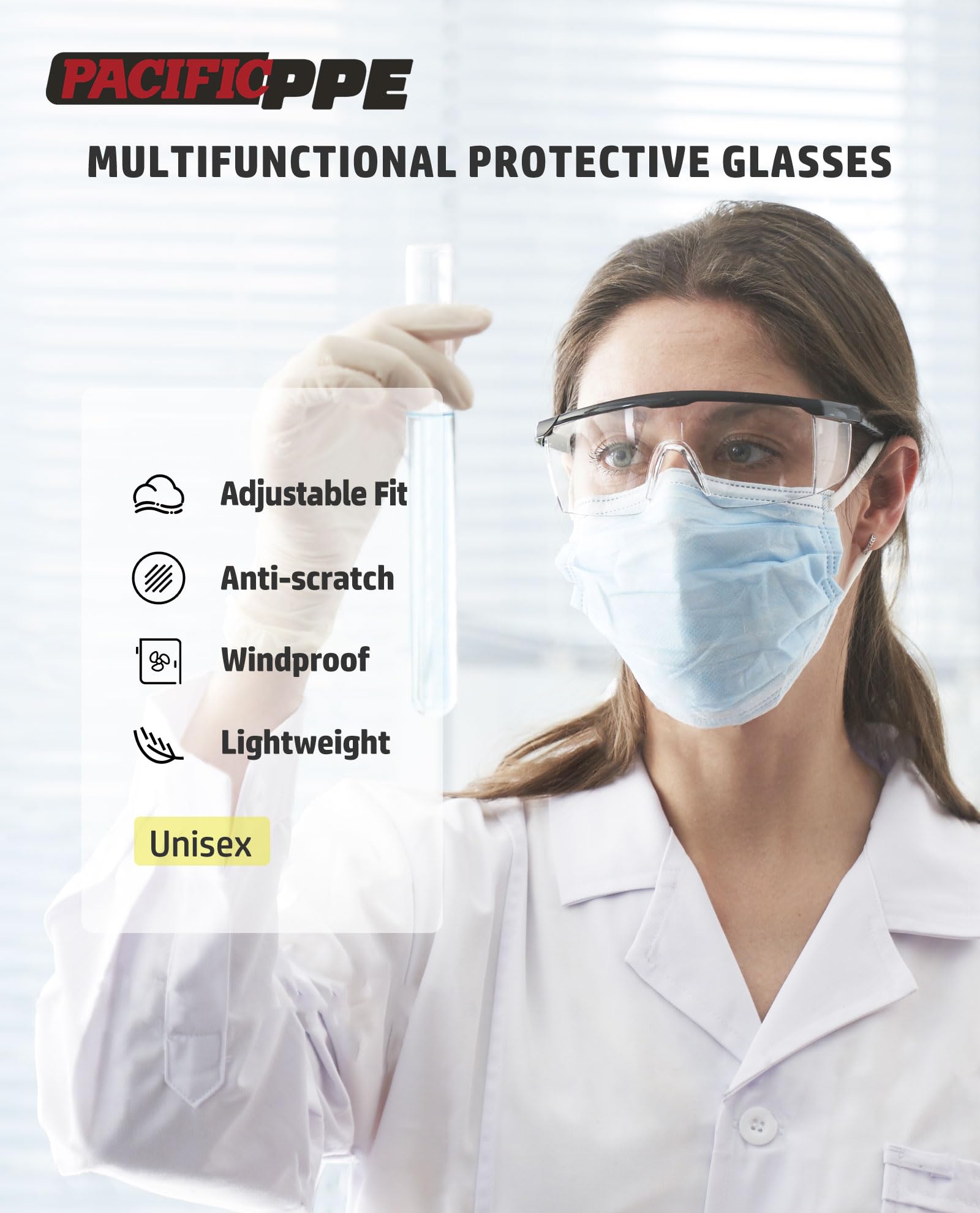 PACIFIC PPE 2 Pack Safety Glasses, Anti-fog, Scratch Resistant Clear Wraparound Lenses and No-Slip Grips, Clear Lab Safety Glasses, Adjustable, Lab Goggles