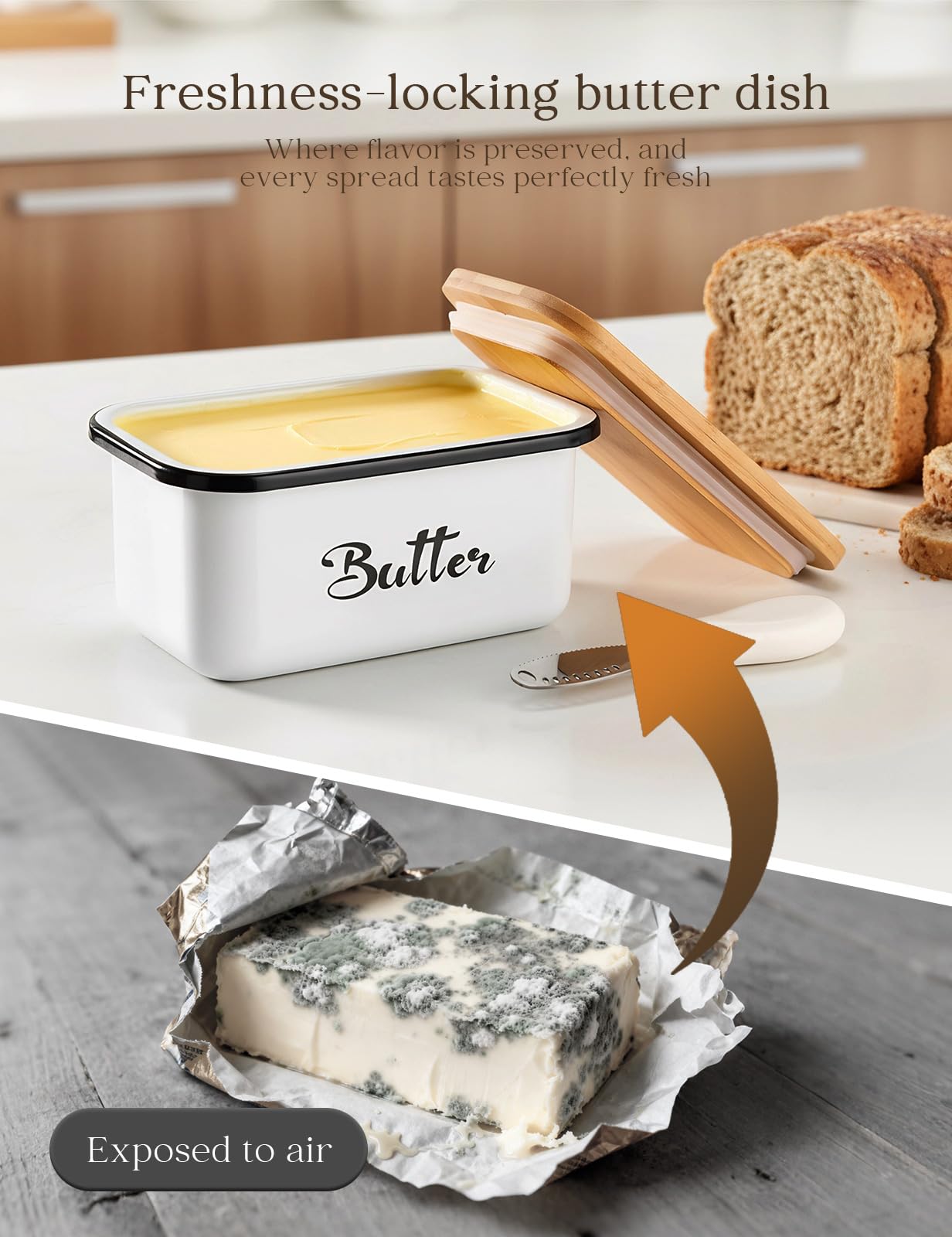 Butter Dish with Lid: Metal Beurrier Butter Dish for 1 LB of Canadian Butter - Airtight Large Capacity Butter Keeper Butter Container with Knife - Butter Holder for Countertop - White
