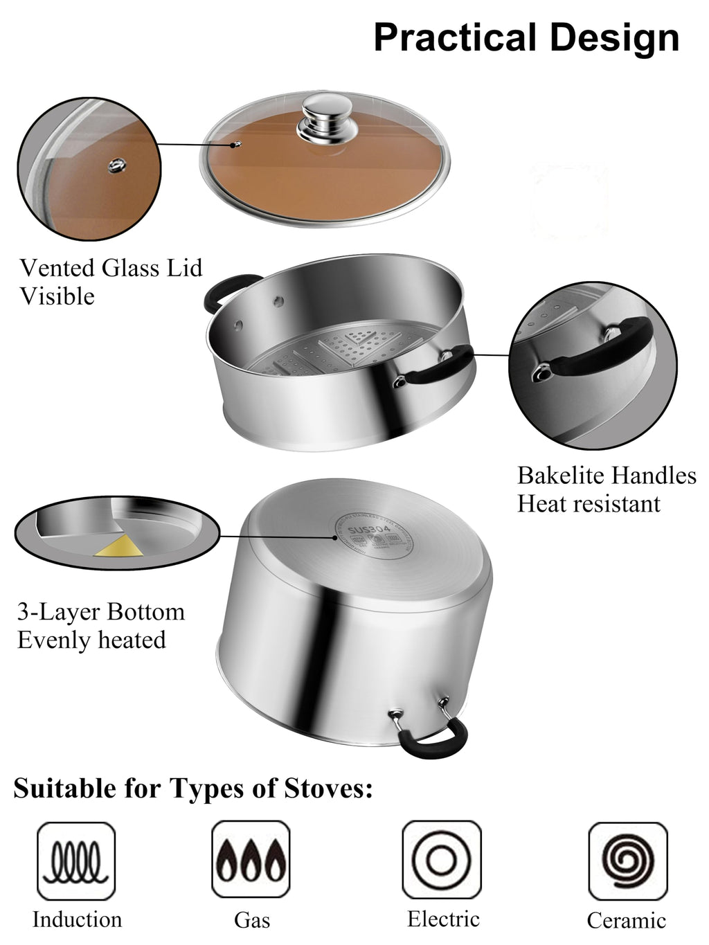 VENTION Induction Steamer Pot for Cooking, 18cm Small Stainless Steel Vegetable Steamer Pot, Couscoussier 2 Liter