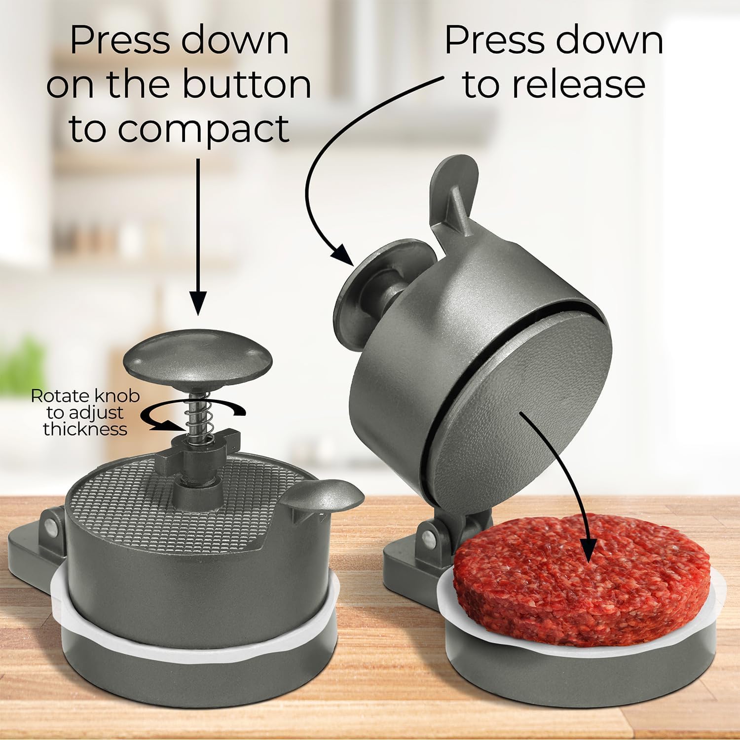 Hamburger Press Patty Maker - Adjustable 1/4lb to 3/4lb Burger Press Patty Maker with Patty Ejector - Adjustable Thickness for Burgers, Crab Cakes, and Sausage - Patty Paper Included