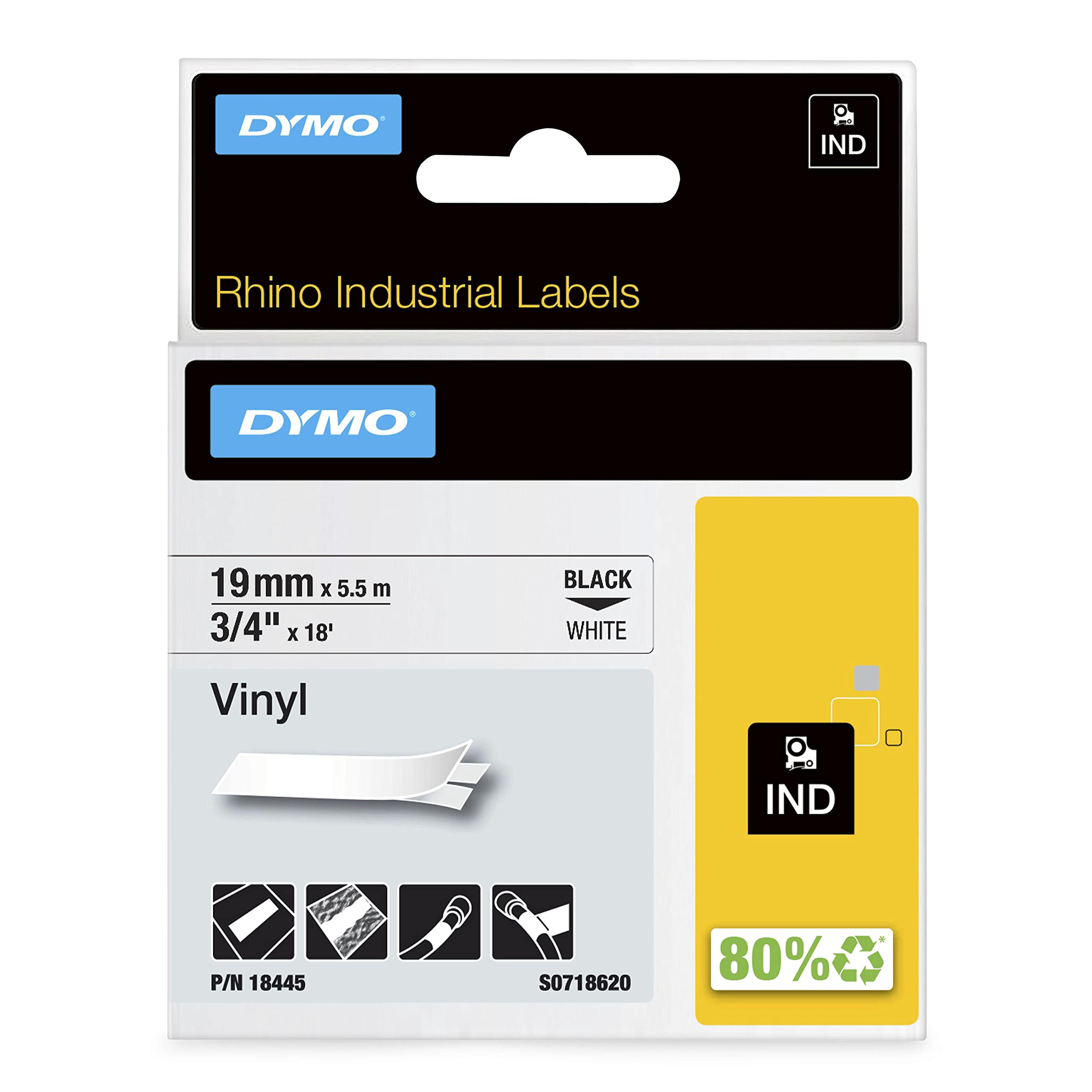 DYMO Rhino Industrial Vinyl Labels, 3/4", Black Print on White Tape