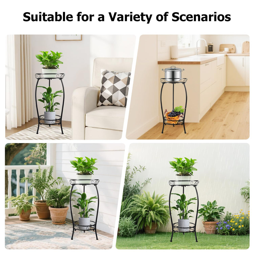 ILIYAH Metal Plant Stand Indoor - 2-Tier Metal Round Shelf Plants Stand, Space-Saving 27″ Indoor Plant Stand for Home Décor (Black)