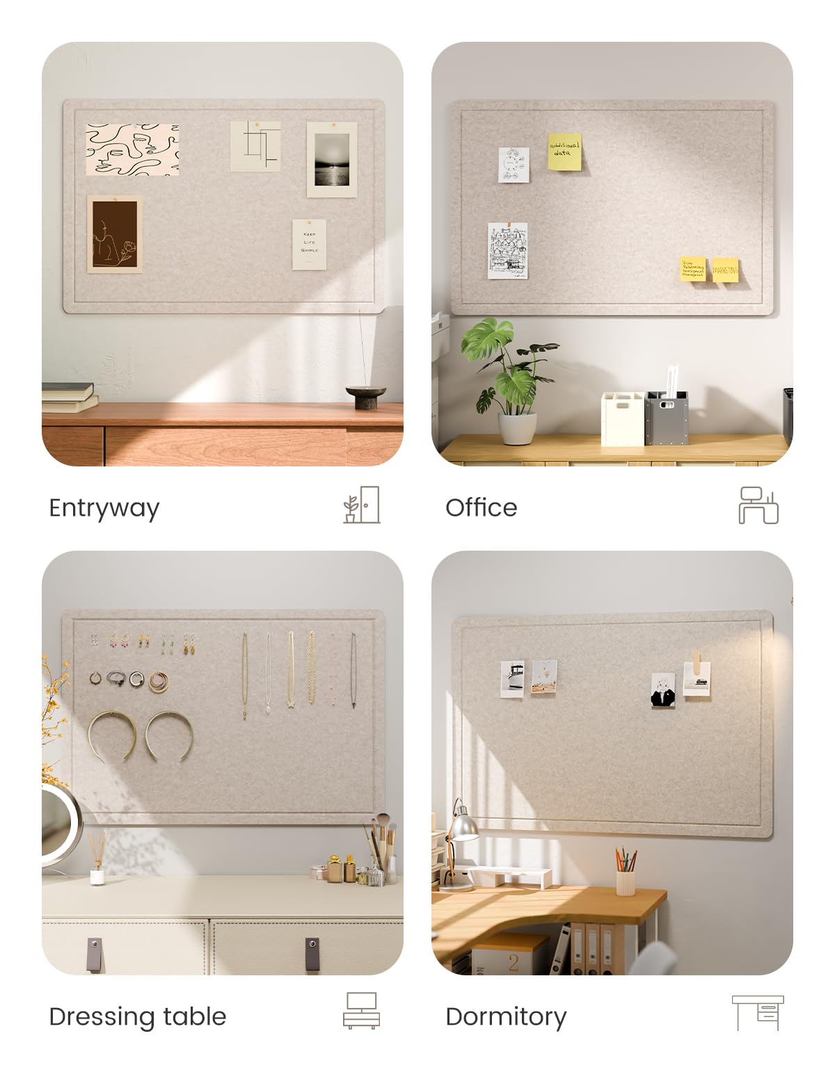 Fluxynara Bulletin Board, 23.6" x 17.5" Cork Board Alternative with 12 Safe Removable Adhesive Tabs, Foldable Felt Pin Board for Home Office, Classroom, Bedroom,Entryway for Walls— Oatmeal