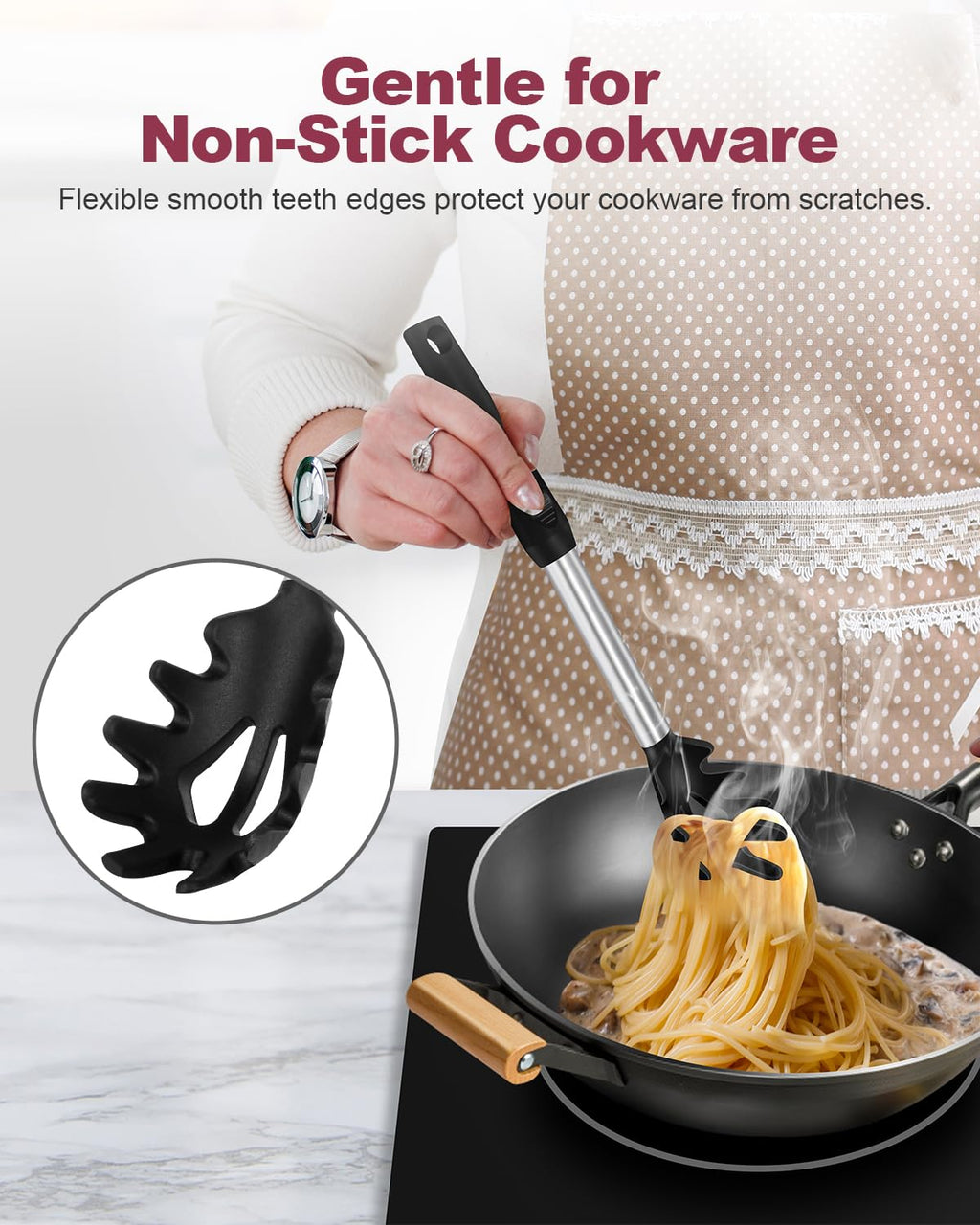 Silicone Spaghetti Spoon and Pasta Tong, Heat-Resistant Noodle Spoon Server, BPA-Free Spaghetti Strainer, Fork with Teeth and Stainless Steel Handle, Food-Grade Clip for Pasta, Black