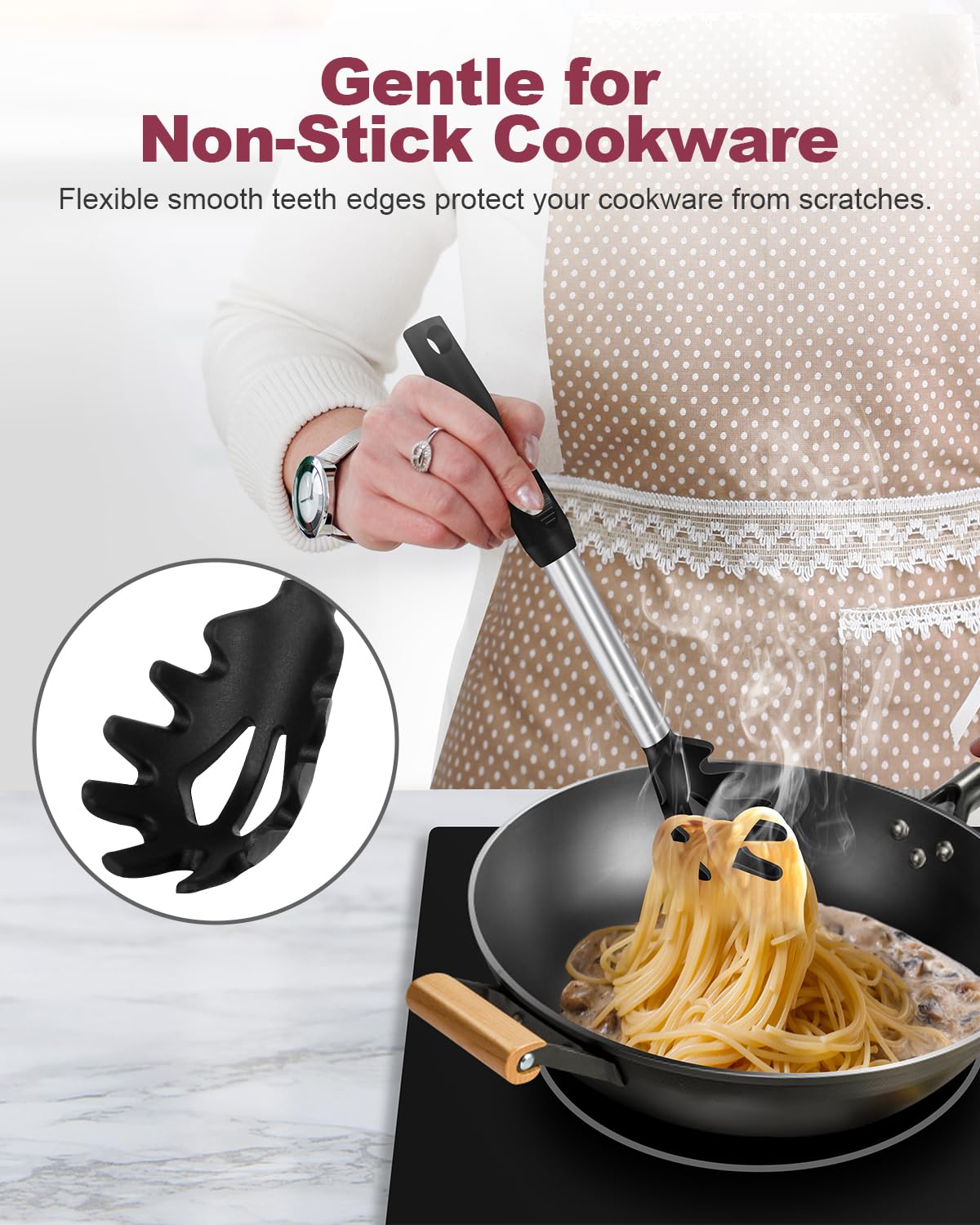 Silicone Spaghetti Spoon and Pasta Tong, Heat-Resistant Noodle Spoon Server, BPA-Free Spaghetti Strainer, Fork with Teeth and Stainless Steel Handle, Food-Grade Clip for Pasta, Black