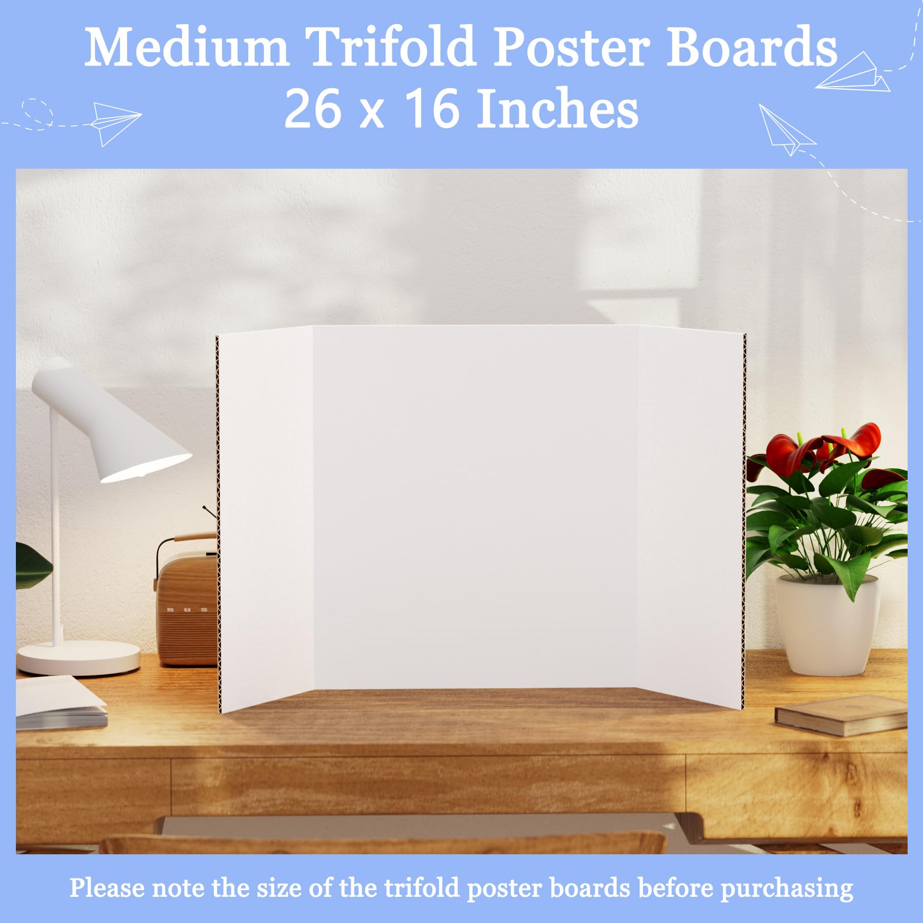 AKONEGE 6 Pack Medium Trifold Poster Board, 26" x 16" White Corrugated Cardboard Tri Fold Poster Boards for Presentation, School Projects, Science Fair, Photo Display Exhibitions Event