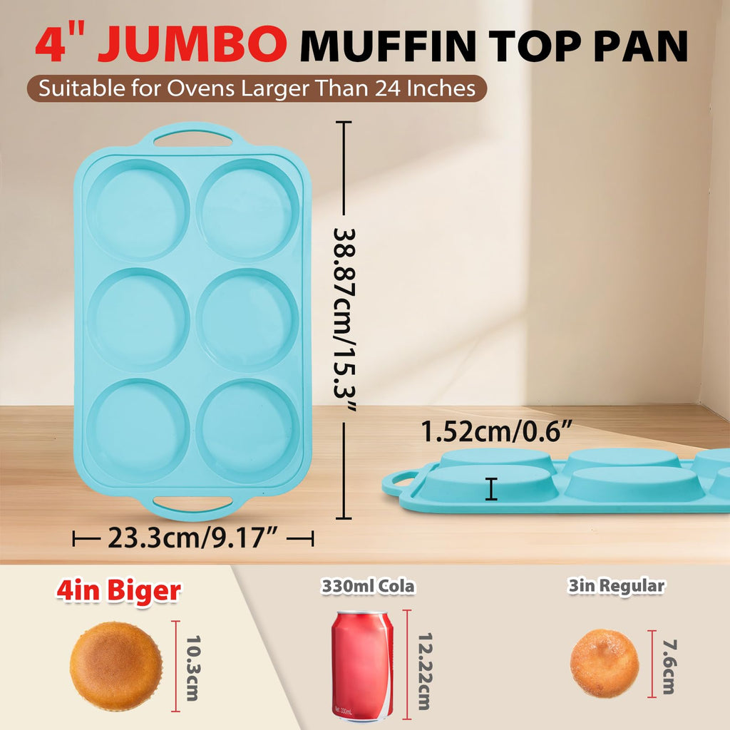Nonstick Silicone Muffin Top Pan: 4 Inch Jumbo Silicone Egg Molds with Metal Frame for Baking Breakfast Sandwiches/English Muffins Egg Bites Hamburger Buns - for Oven Housewife (Beige& Mint Green)