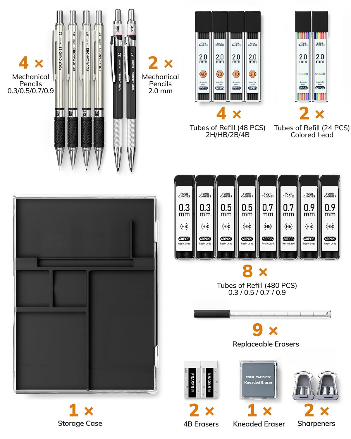 Four Candies 27PCS Art Mechanical Pencil Set with Case, 4PCS Metal Drawing Pencil 0.3, 0.5, 0.7, 0.9 mm & 2PCS 2mm Lead Holder (HB 2H 2B 4B Color) with 552 Graphite Lead Refills for Drawing Sketching
