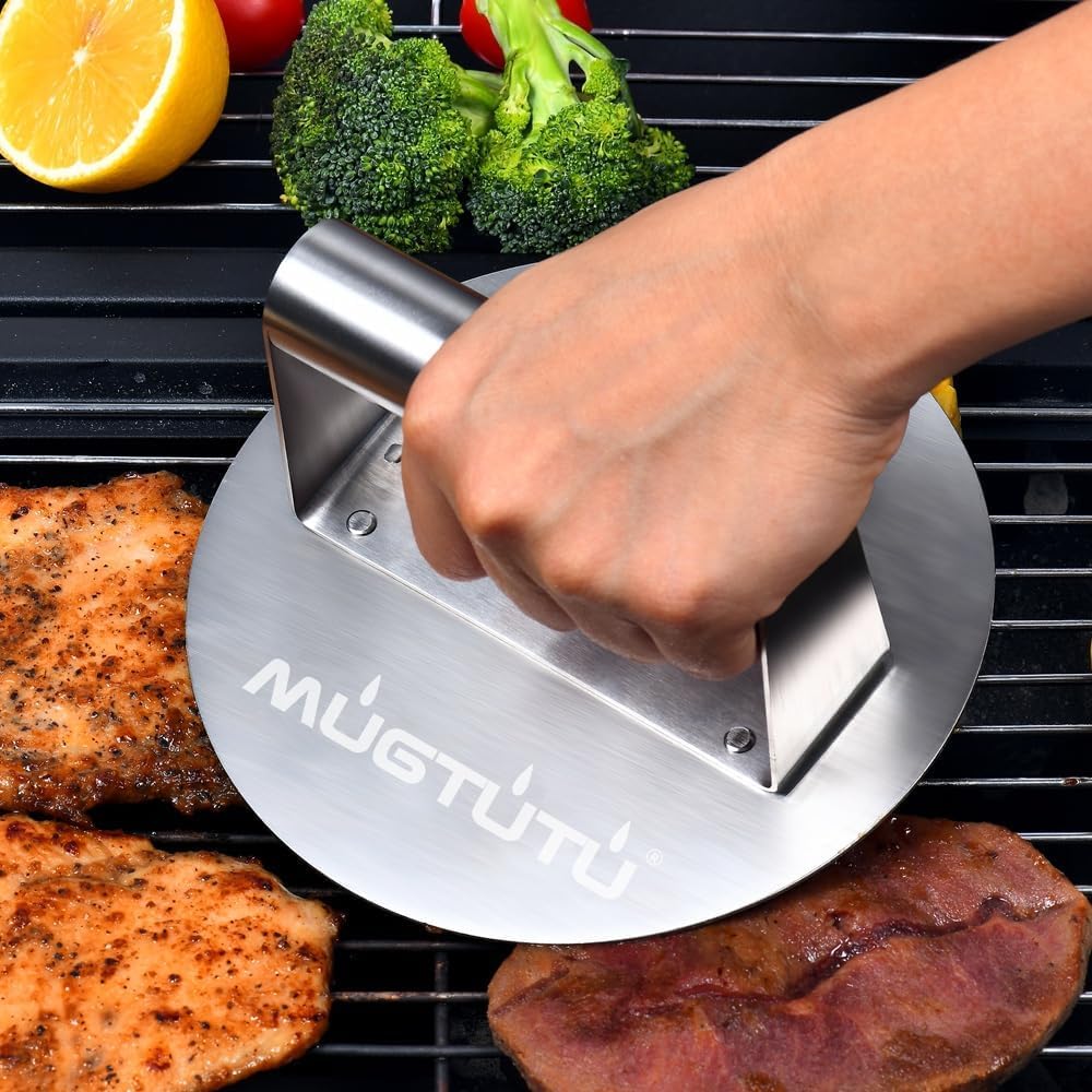 Burger Press, 6.3 Inch Stainless Steel Smash Non-Stick Smooth Hamburger Bacon Grill Press Perfect for Flat Top Griddle Cooking