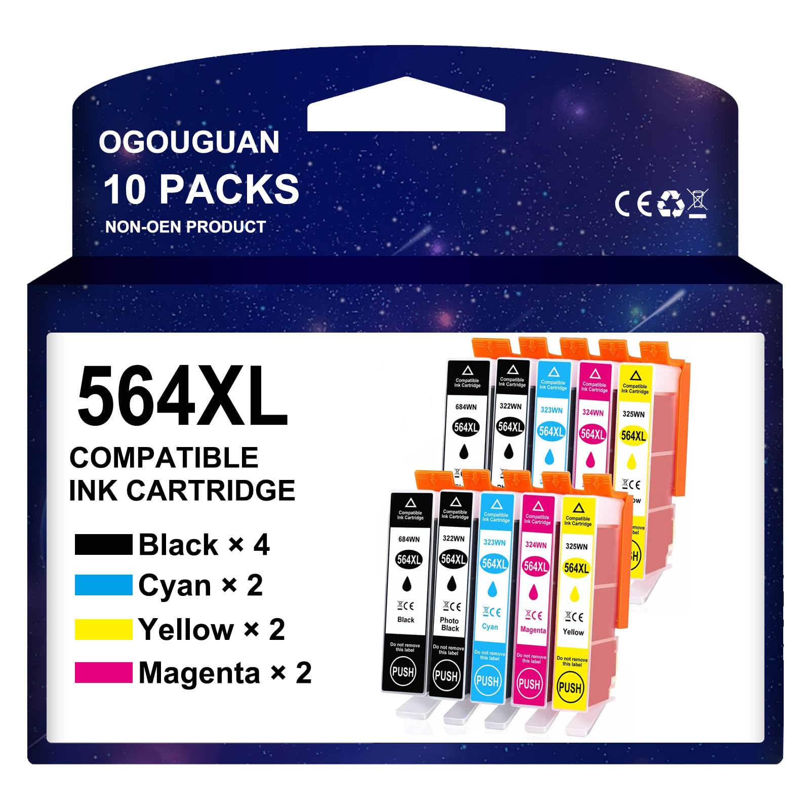 OGOUGUAN Compatible Ink Cartridge Replacement for HP 564 XL 564XL High Yield for Photosmart 6525 6520 7520 5520 7510 5510 7525 DeskJet 3520 3522,10 Combo Pack (2 Black, 2PBK & 2C/2M/2Y)