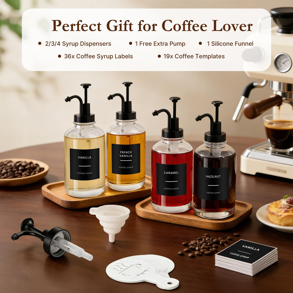 2 Pack Coffee Syrup Dispensers, 16.9oz/500ml Thick Glass Bottles with Pump, Waterproof Labels & DIY Templates, Syrup Dispenser Set for Coffee Bar Accessories, Ideal Gift for Coffee Lovers