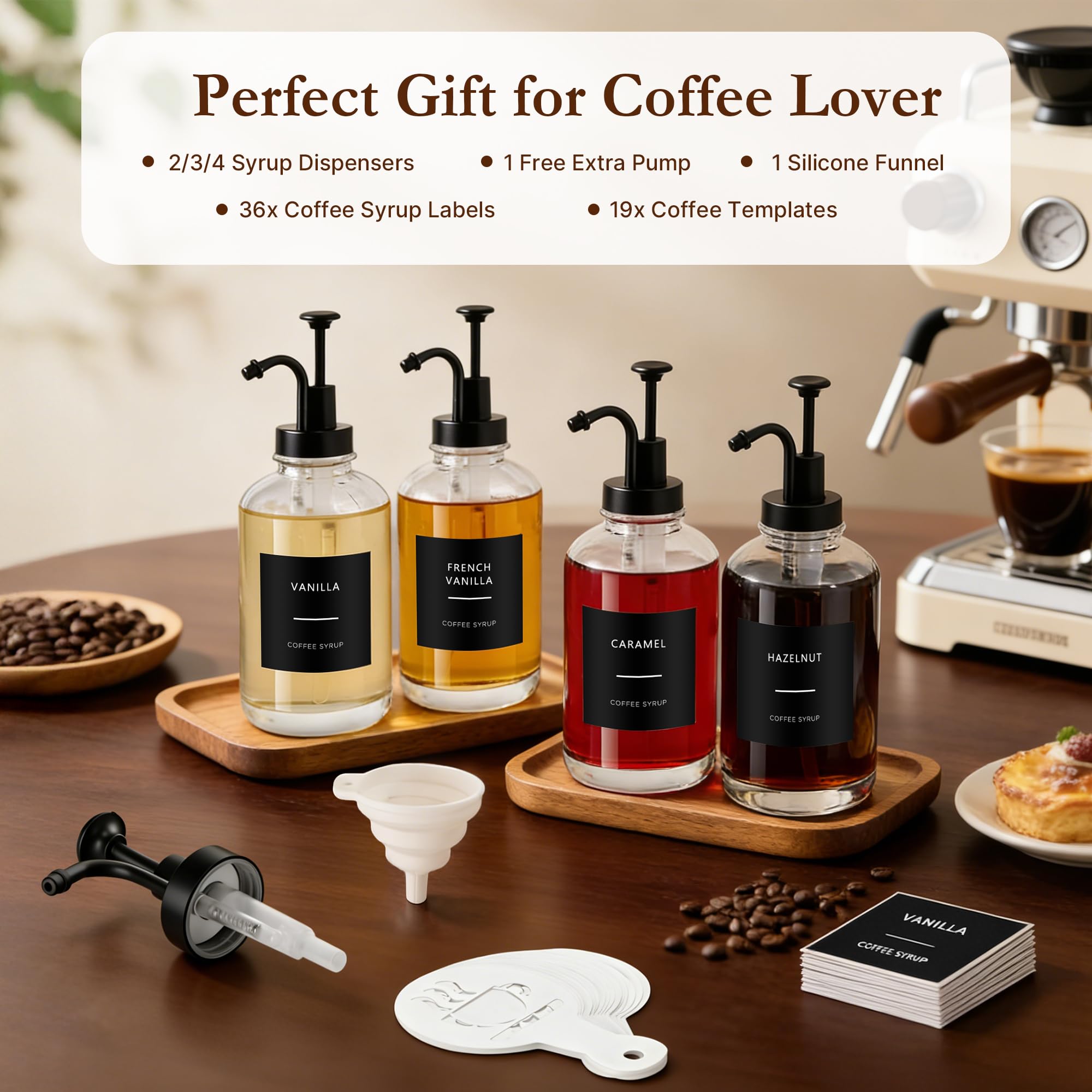 2 Pack Coffee Syrup Dispensers, 16.9oz/500ml Thick Glass Bottles with Pump, Waterproof Labels & DIY Templates, Syrup Dispenser Set for Coffee Bar Accessories, Ideal Gift for Coffee Lovers