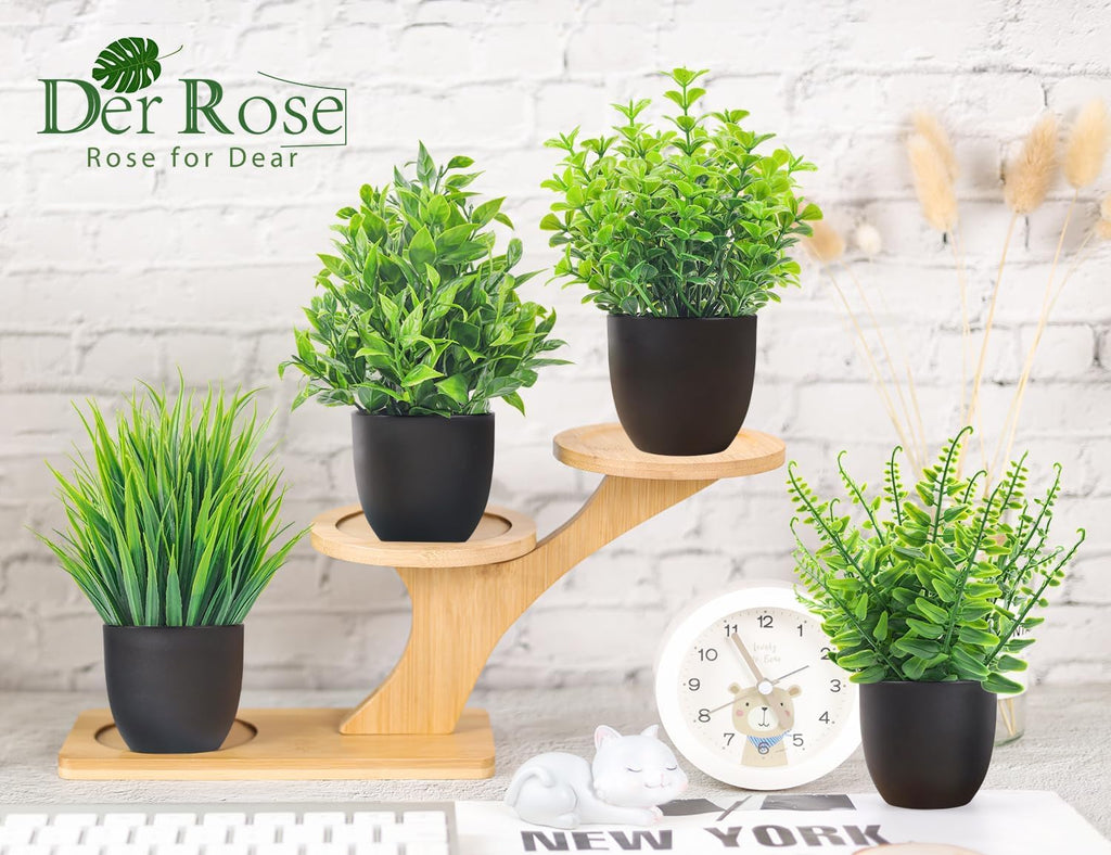 Der Rose Fake Plants 4 Packs Small Artificial Plants Black Faux Plants for Bathroom Home Office Shelf Kitchen Coffee Table Accessories Decor Indoor