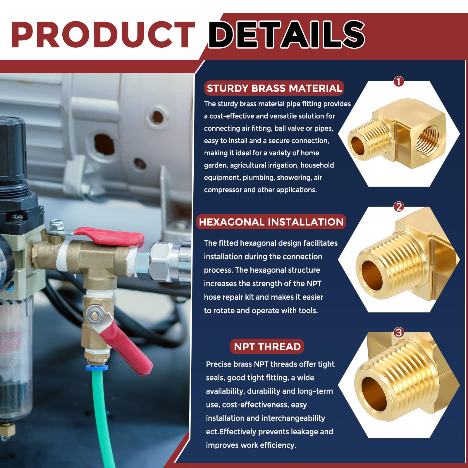 Kozelo Pack of 5, 90 Degree 1/8" Female NPT to 1/8" Male NPT Solid Brass Hose Fittings Adapter