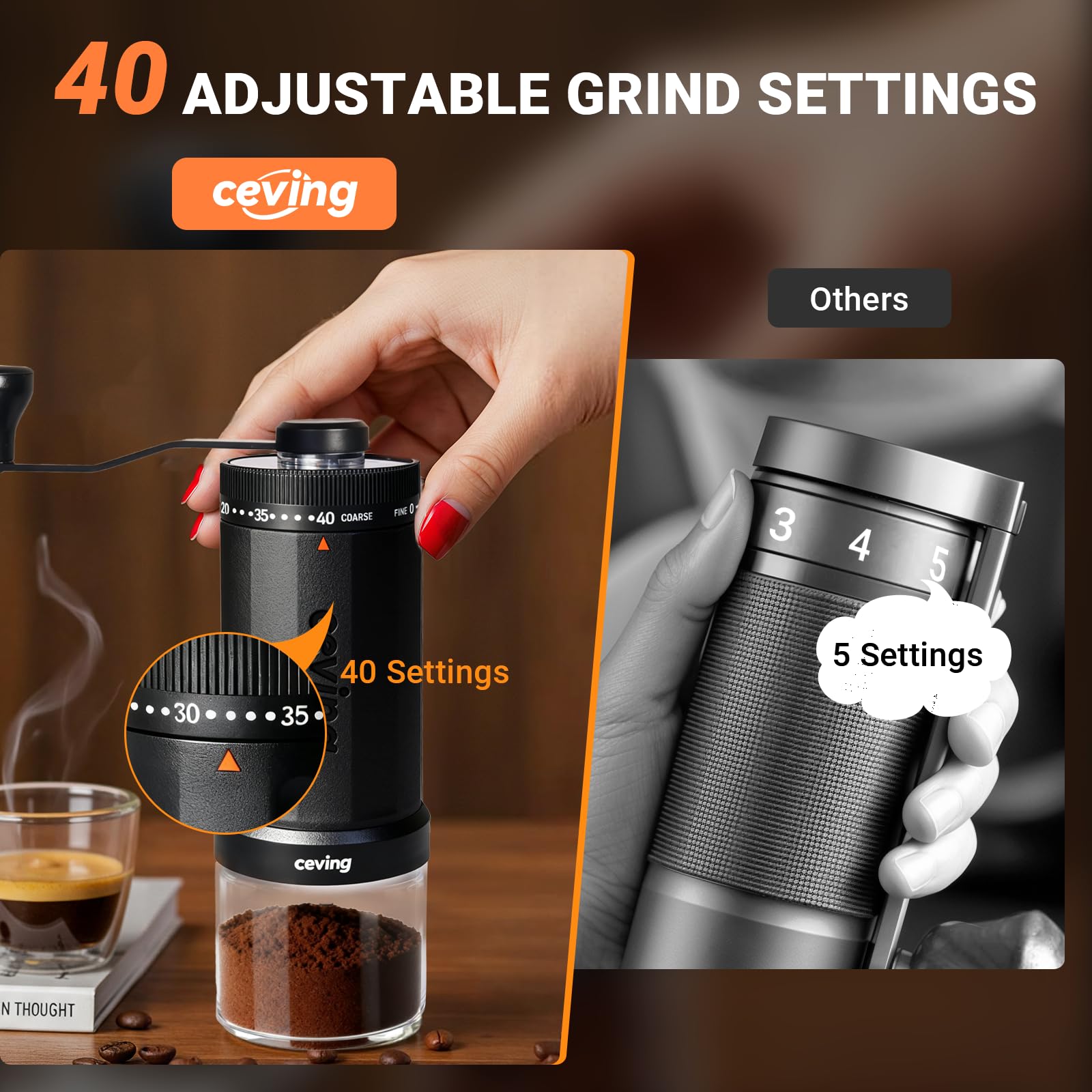 World's First 60g Large Capacity Manual Coffee Grinder, Portable Hand Coffee Bean Mill with 40 Adjustable Settings, Ceramic Conical Burr Grinder for Espresso, Pour Over, Camping, Travel, Gift, etc