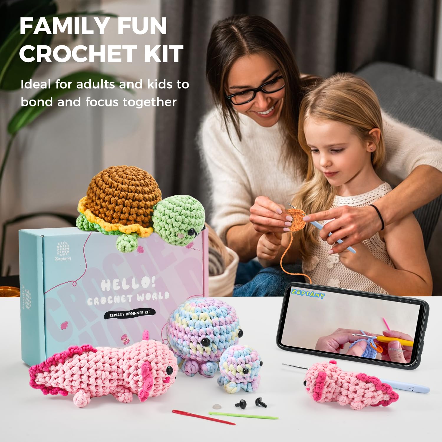 Crochet Kit for Beginners, 5 Pack Amigurumi Beginner Crochet Kit, Crochet Turtle Axolotl Octopus kit Crochet for Beginners, Crochet Animals Knitting Kit with Step-by-Step Video, Crafts for Adults
