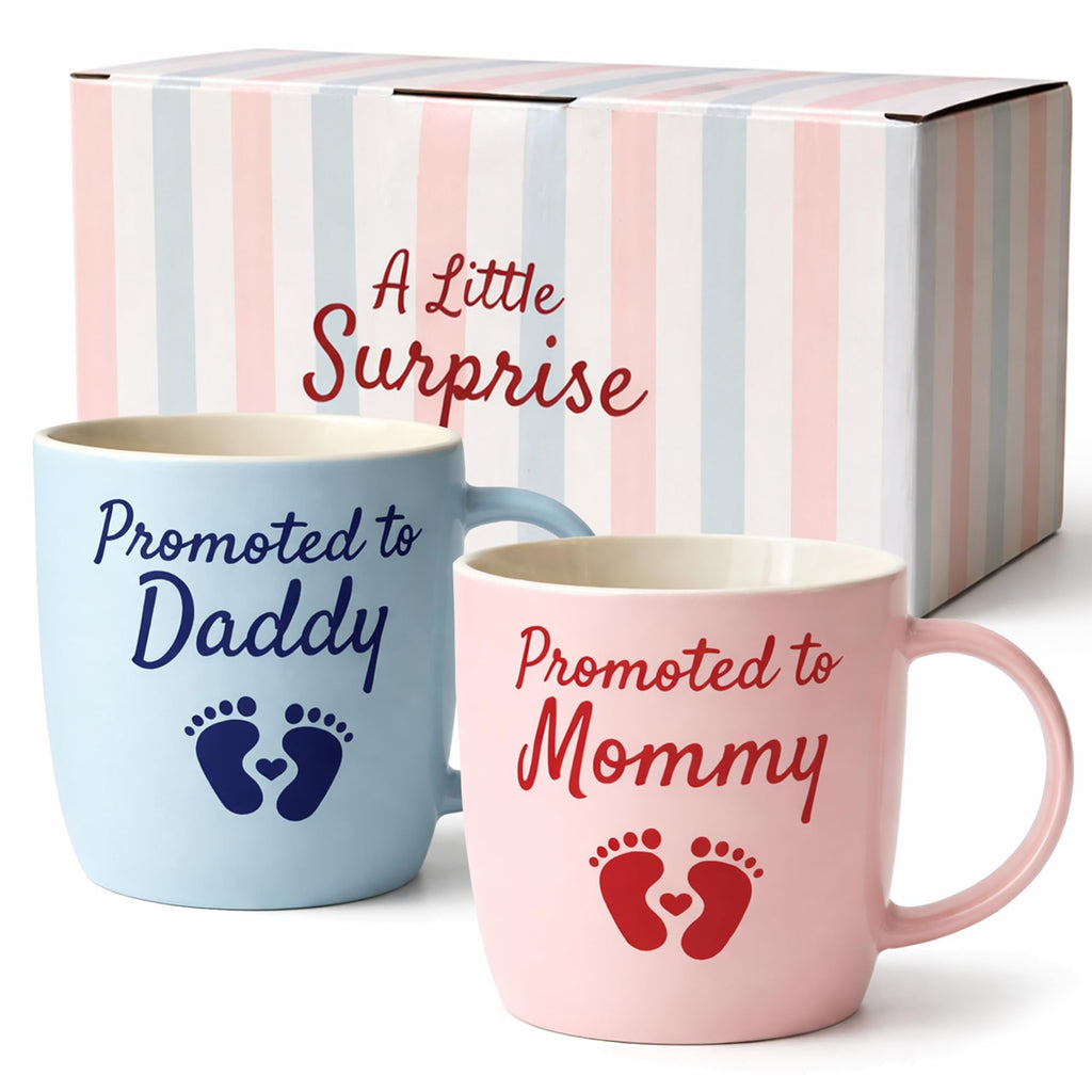 Triple Gifffted Promoted to Mommy and Daddy Coffee Mugs Set, Pregnancy Announcement Gifts for New Parents, Baby Reveal, Baby Shower, First Time Mom Dad Gift, Christmas Day Surprise, 13oz Ceramic