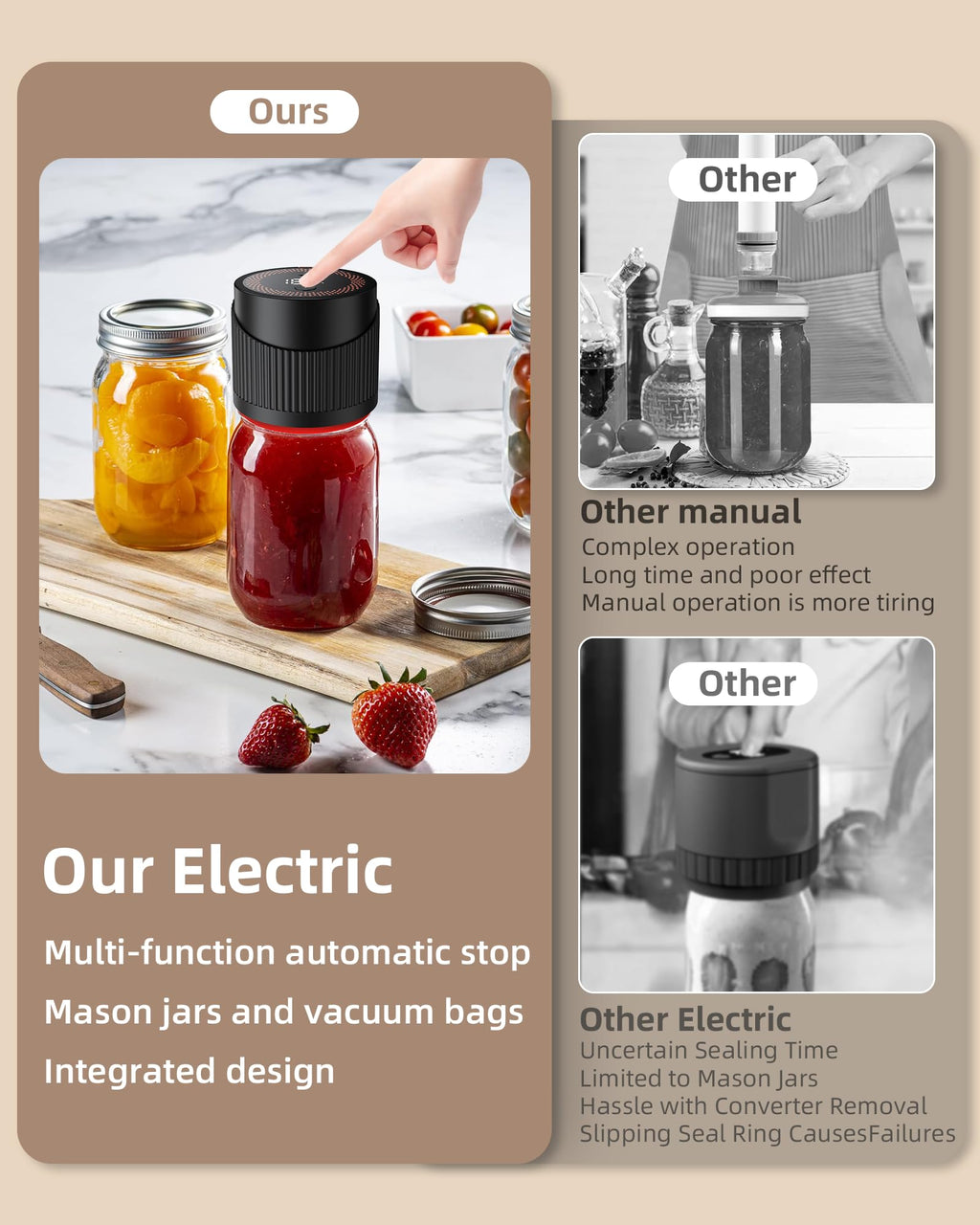 Electric Mason Jar Vacuum Sealer Machine, 3-in-1 Cordless Vacuum Sealer Kit for Wide/Regular Mouth Mason Jars, Containers & Wine Bottles, Food Storage, Black