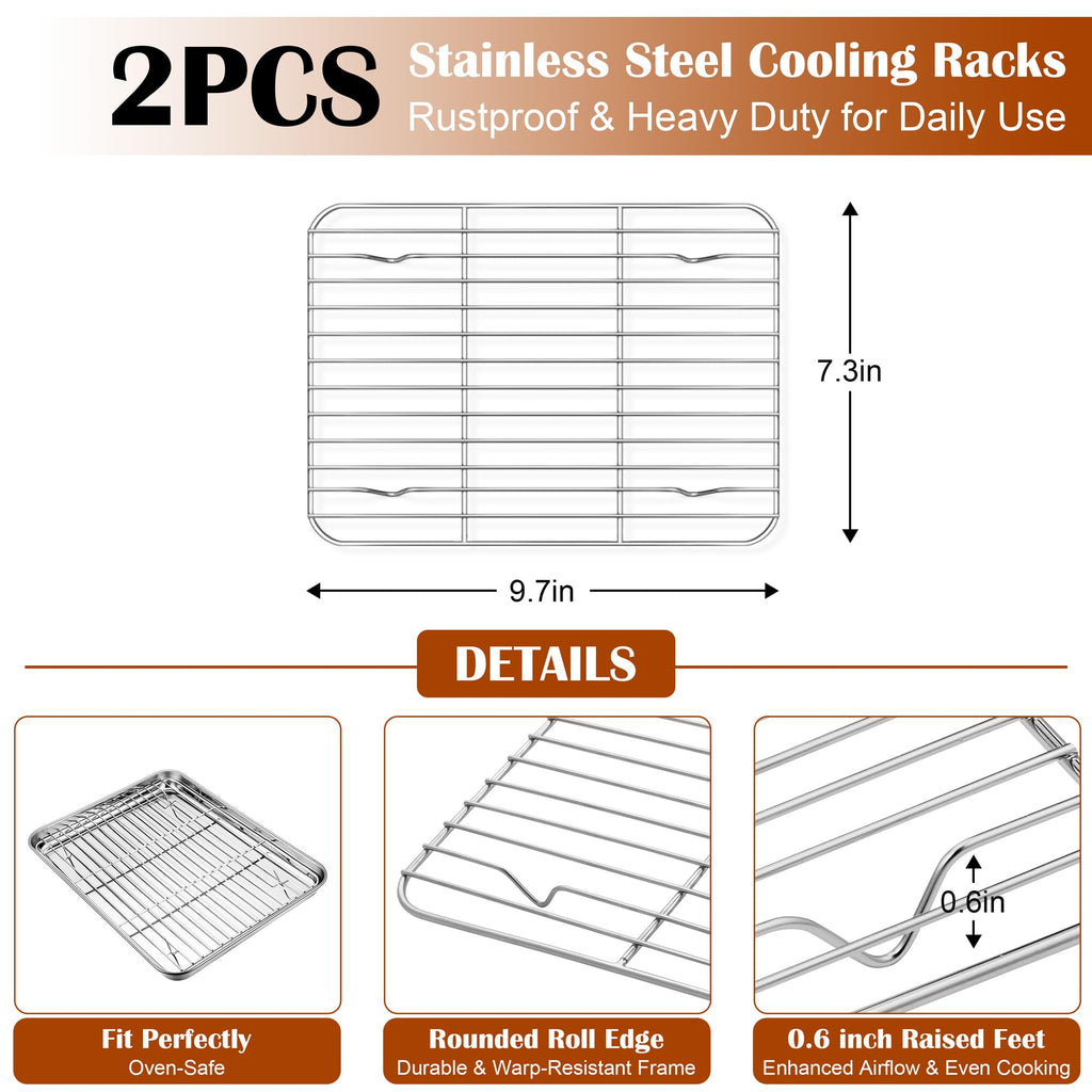 E-far Small Baking Sheet with Wire Rack (2 Pans + 2 Racks), Stainless Steel Cookie Sheets Trays & Cooling Rack for Toaster Oven, Non Toxic & Warp Resistant, Oven & Dishwasher Safe, 10.5 x 8.3 x 1 Inch